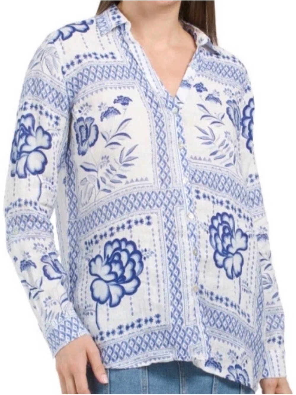 Halston 100% linen Blue and White Printed long roll tab sleeve Button-Up Shirt